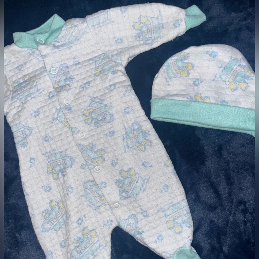 Vintage 90s Noah’s Arc Matching Footie and Hat 3 Months Sweet Treasures